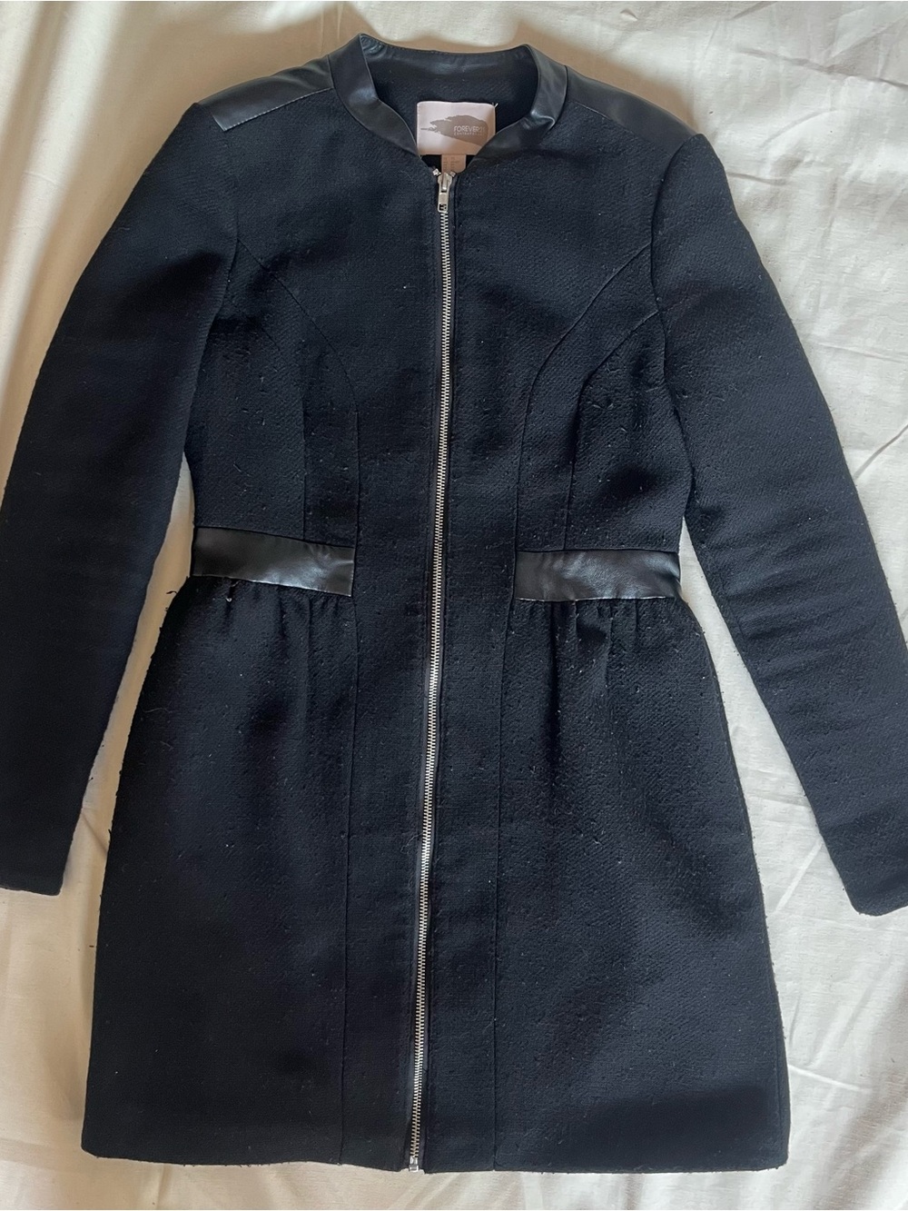 Forever 21 Black Zip-Front Coat with Faux Leather Trim